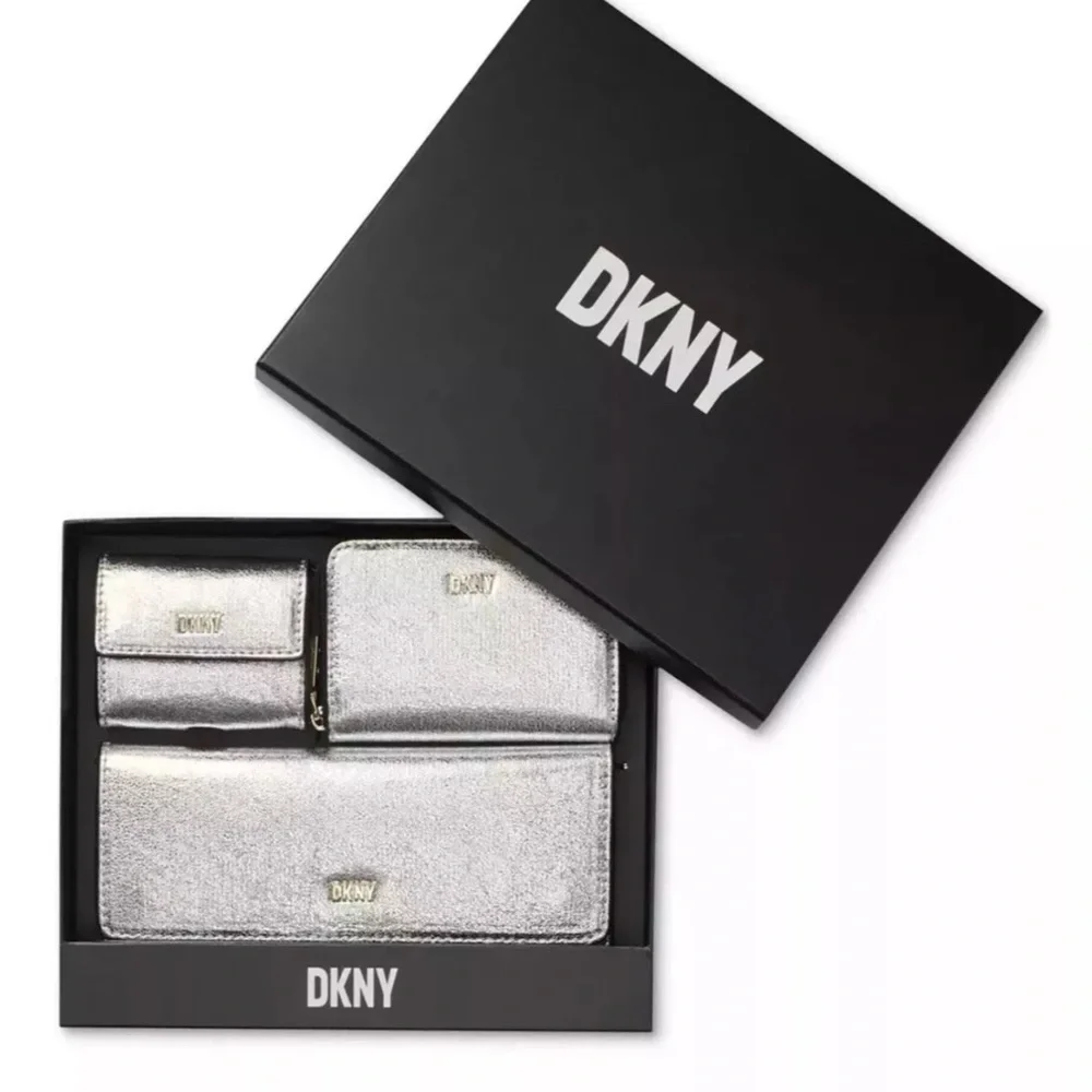 DKNY Silver Lumen 3 piece set, gift box, wallet, card holder, earbud case New